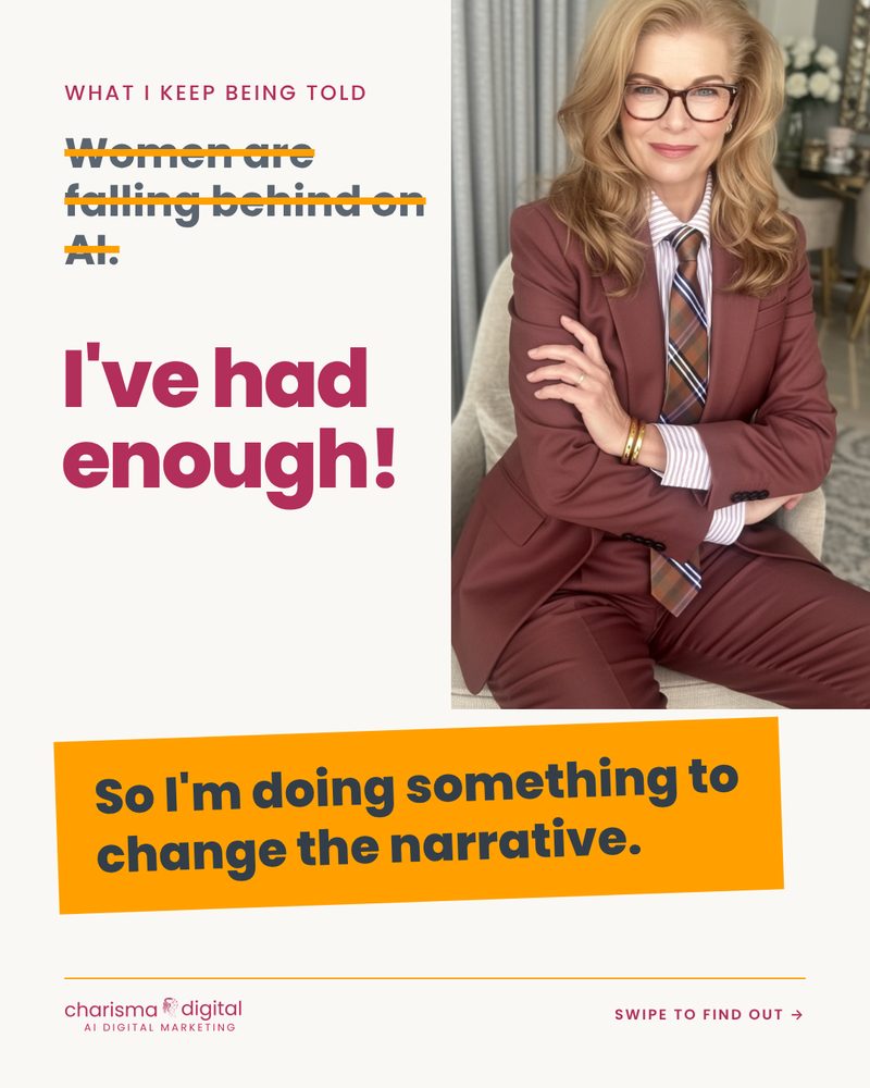 Slide 1 of 9. Lisa Byrnes. Struck through: Women are falling behind on AI. I've had enough! So I'm doing something to change the narrative.